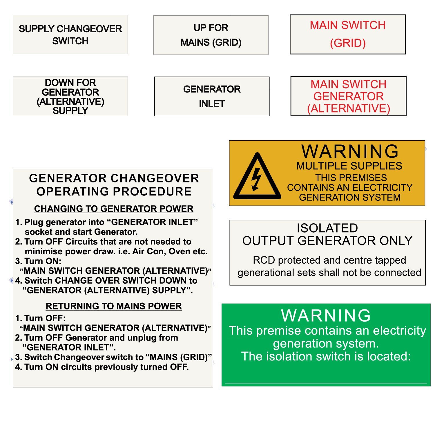 Generator Supply Label Kit - Three Phase