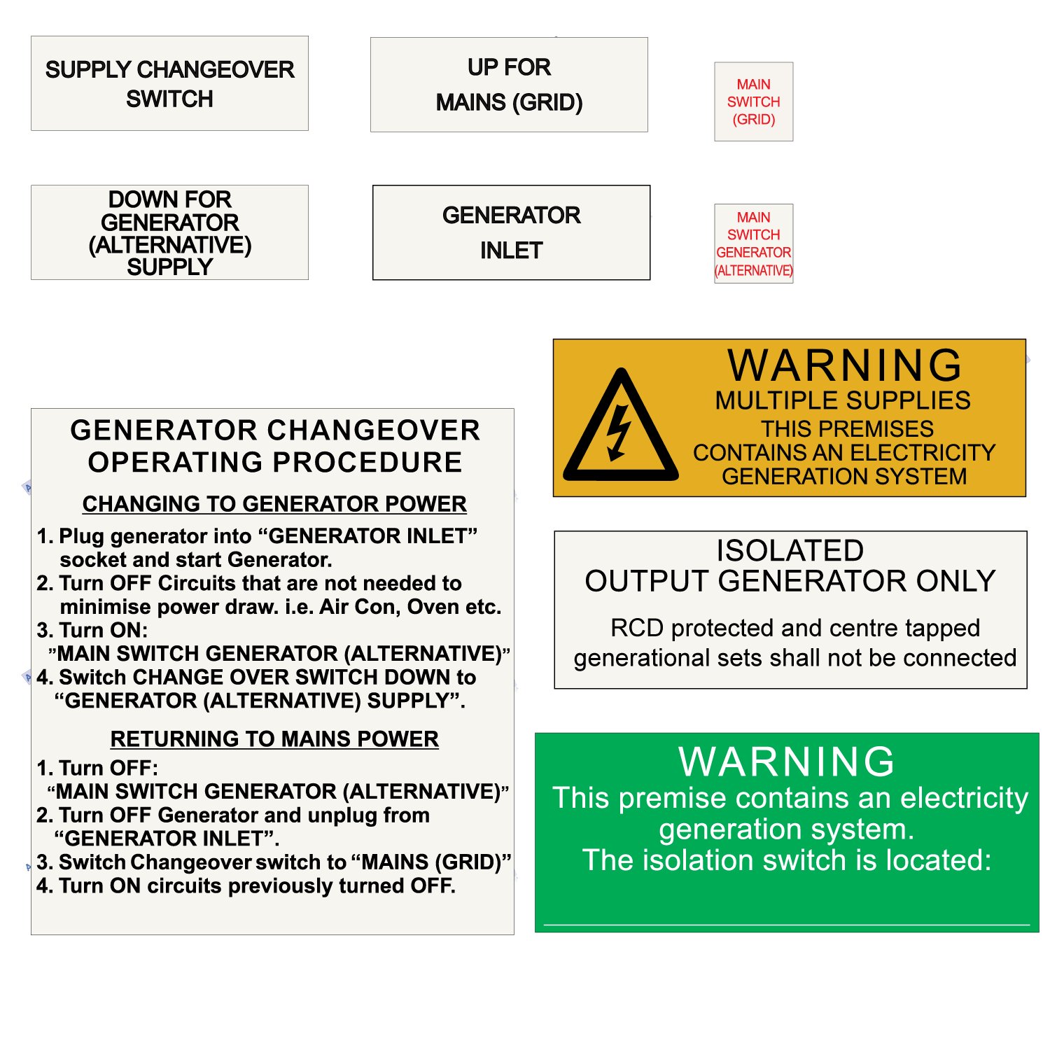 Generator Supply Label Kit - Single Phase