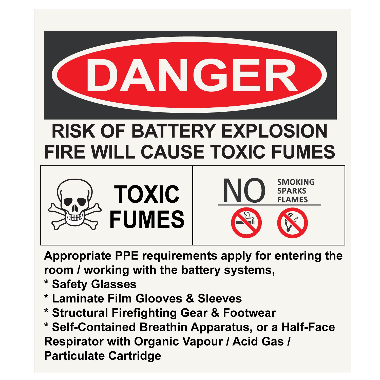 Danger Toxic Fumes & Risk of Battery Explosion Vinyl Label with PPE Requirements
